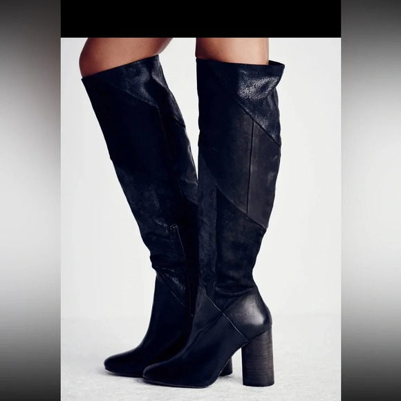 Brand new Free People Bright Lights Tall black leather patchwork heeled boots - Picture 9 of 16